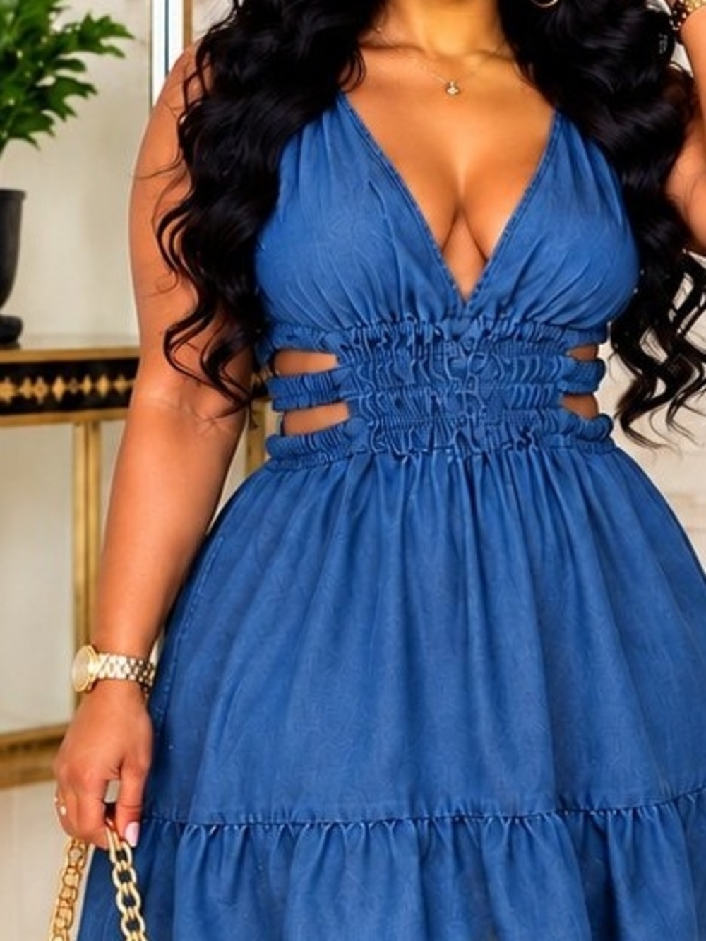 Blue Sleeveless V-Neck Cutout Midi Dress